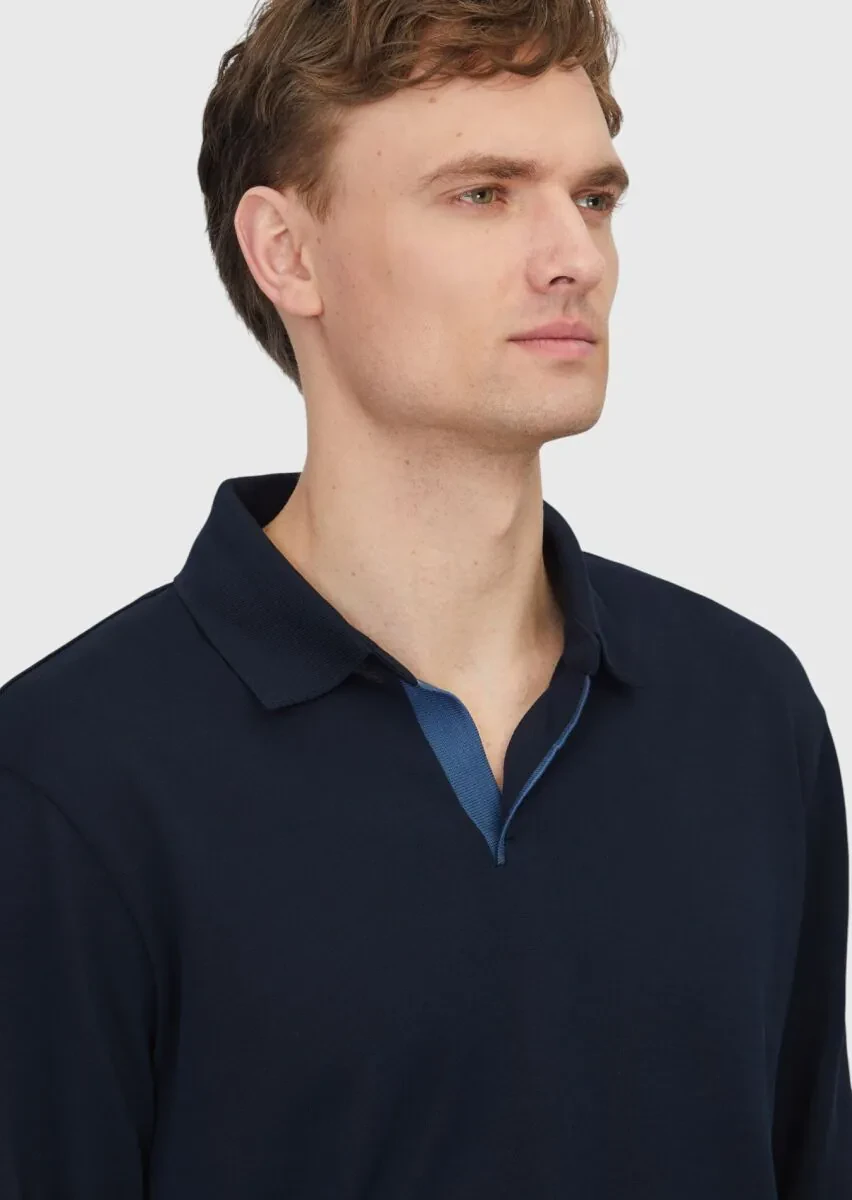 Navy Blue Polo Neck Plain Sweatshirt - 3