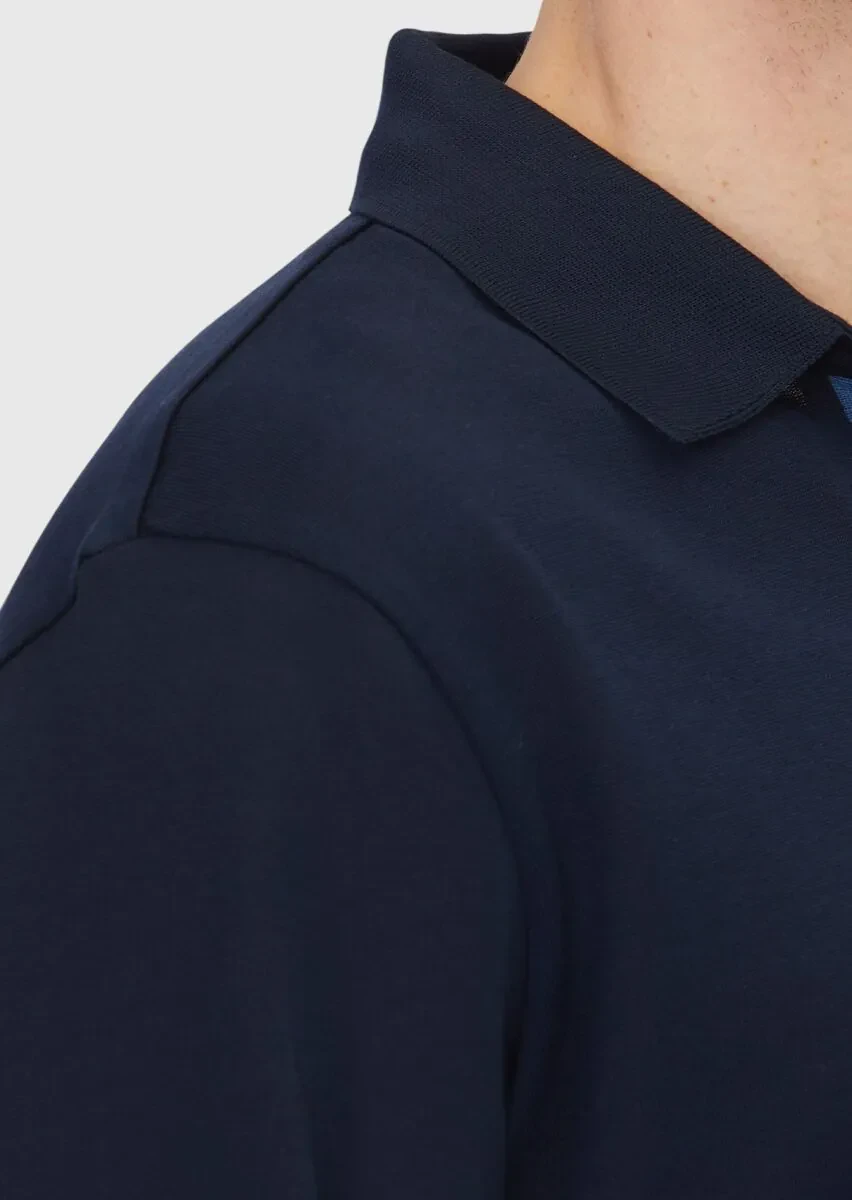 Navy Blue Polo Neck Plain Sweatshirt - 4