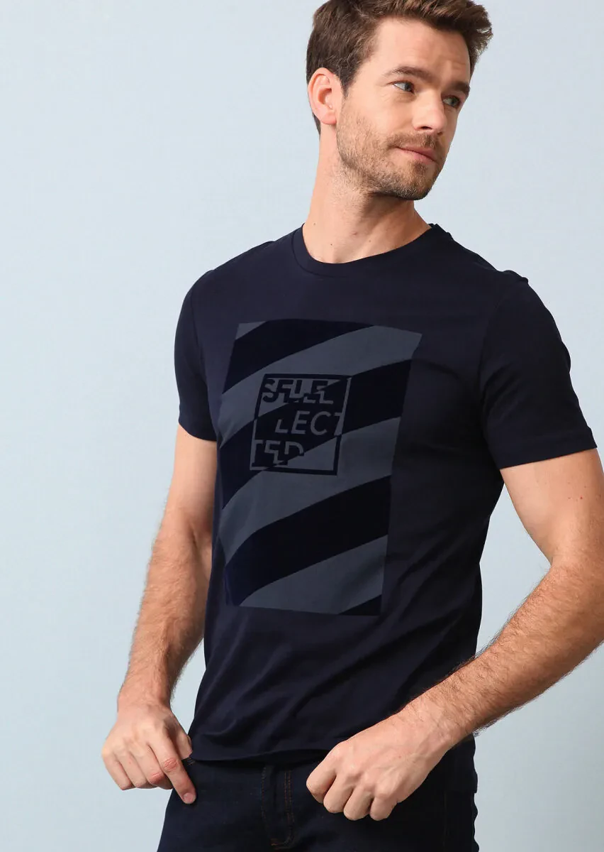 Navy Blue Printed 100% Cotton T-Shirt - 1