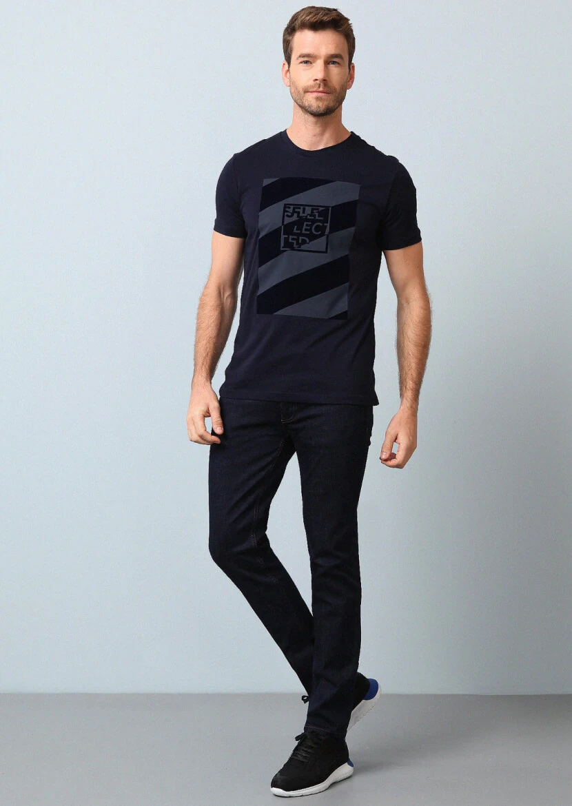 Navy Blue Printed 100% Cotton T-Shirt 
