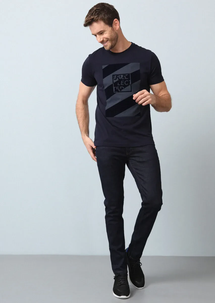 Navy Blue Printed 100% Cotton T-Shirt - 4