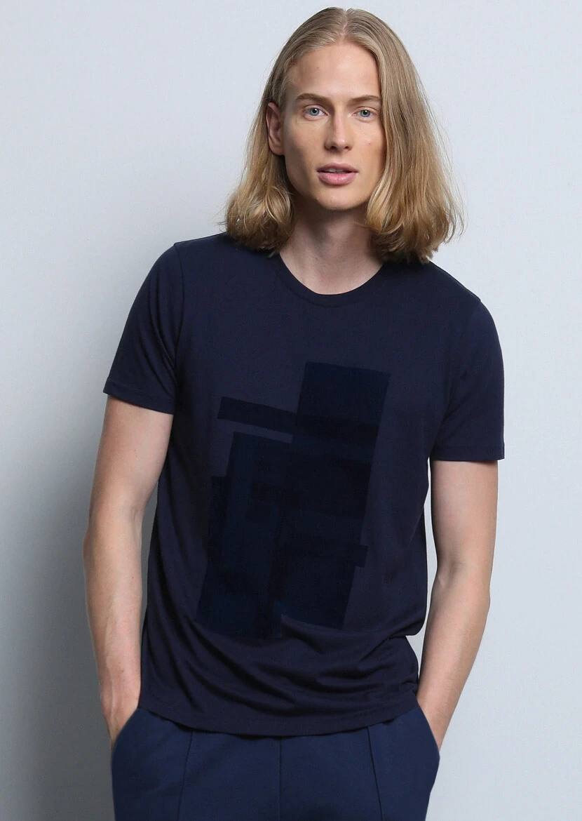 Navy Blue Printed 100% Cotton T-Shirt 