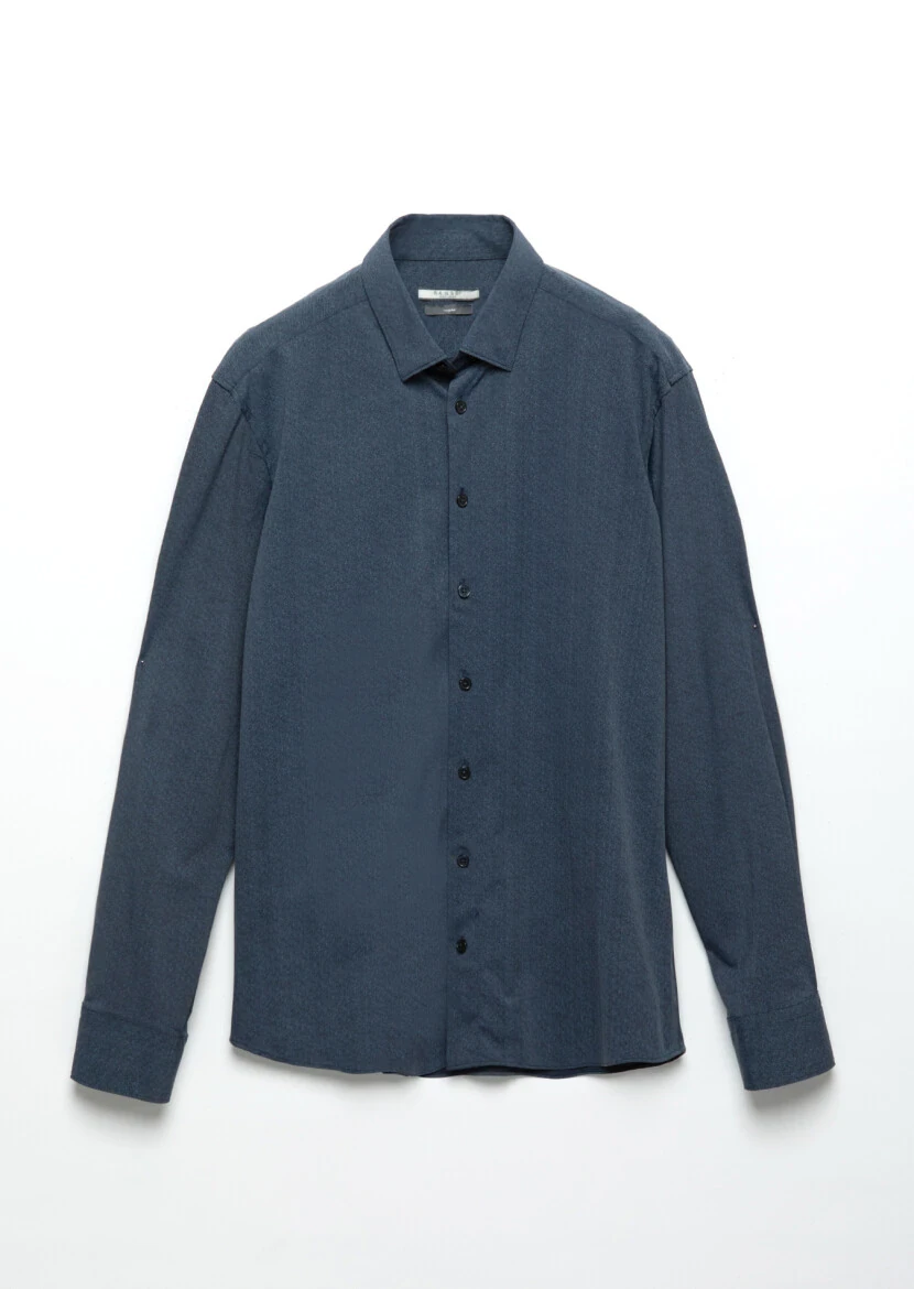 Navy Blue Printed Casual Fit Knitting Casual Shirt - 7