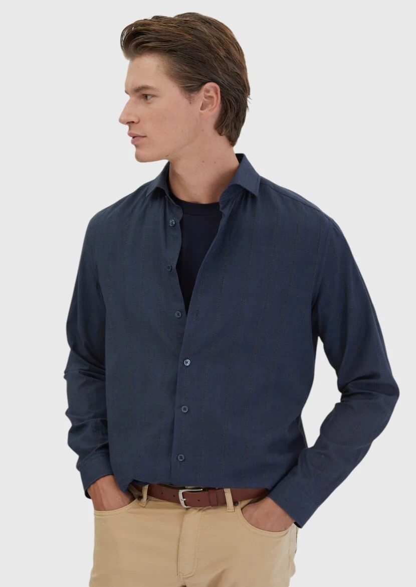 Navy Blue Printed Casual Fit Weaving Casual 100% Cotton Shirt - RAMSEY