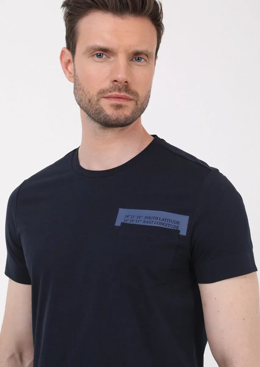 Navy Blue Printed Crew Neck 100% Cotton T-Shirt - 1