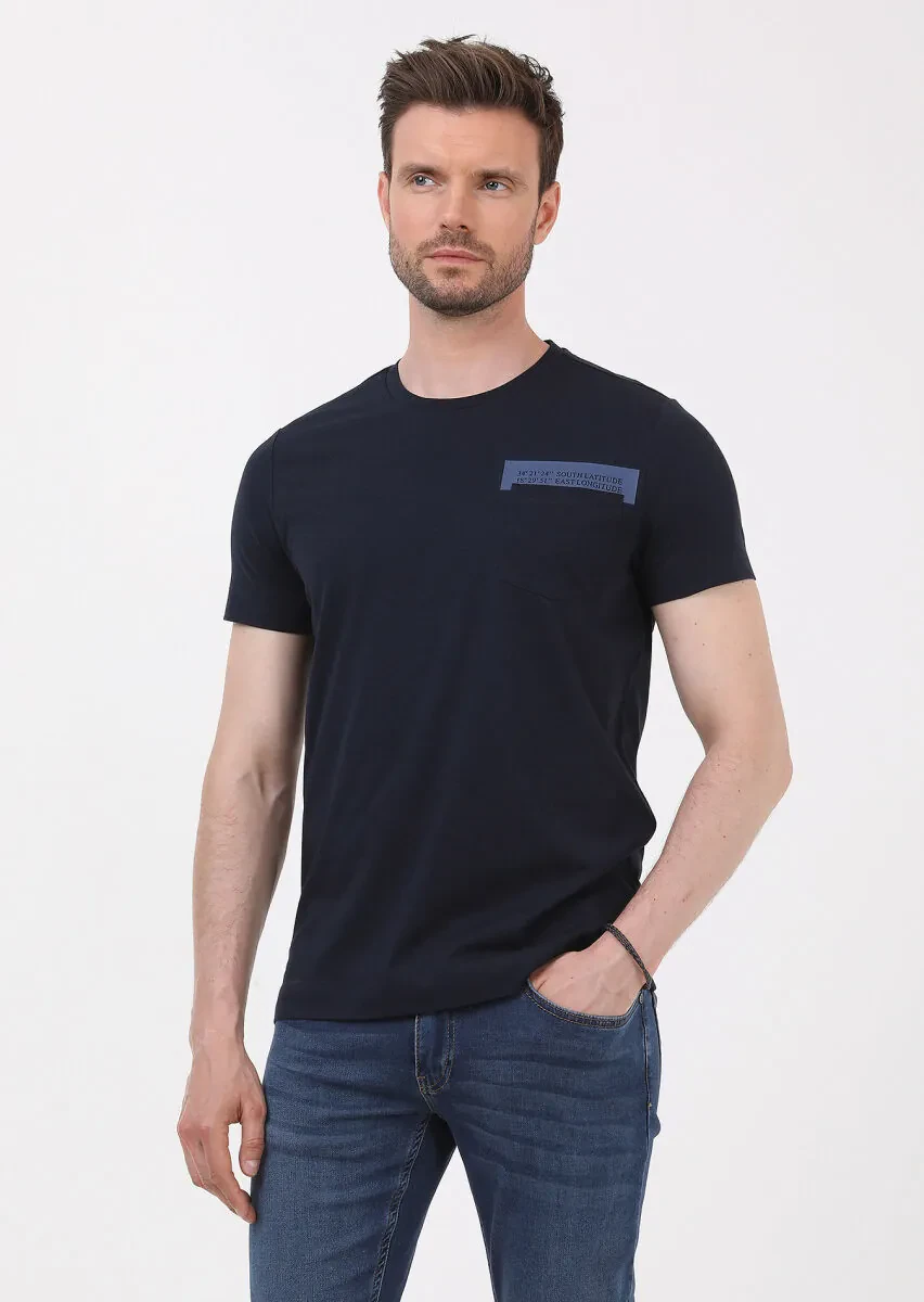 Navy Blue Printed Crew Neck 100% Cotton T-Shirt - 2