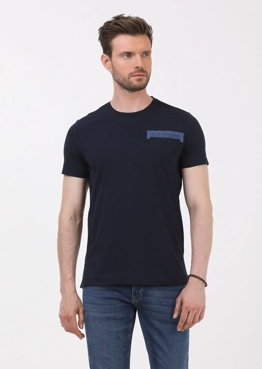 Navy Blue Printed Crew Neck 100% Cotton T-Shirt - 3