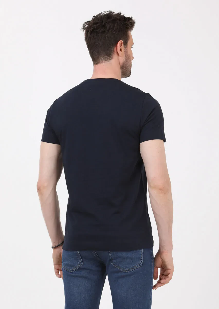 Navy Blue Printed Crew Neck 100% Cotton T-Shirt - 4