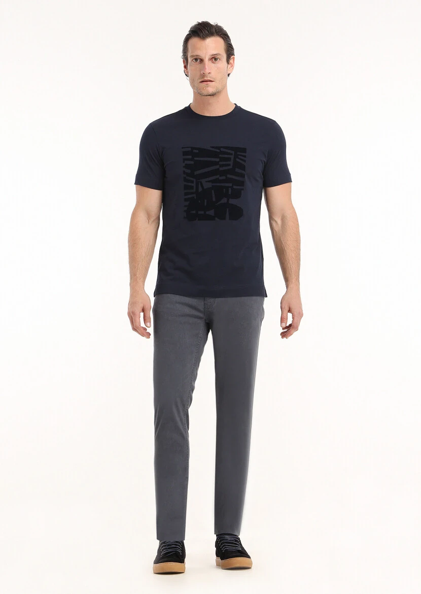 Navy Blue Printed Crew Neck 100% Cotton T-Shirt - 1