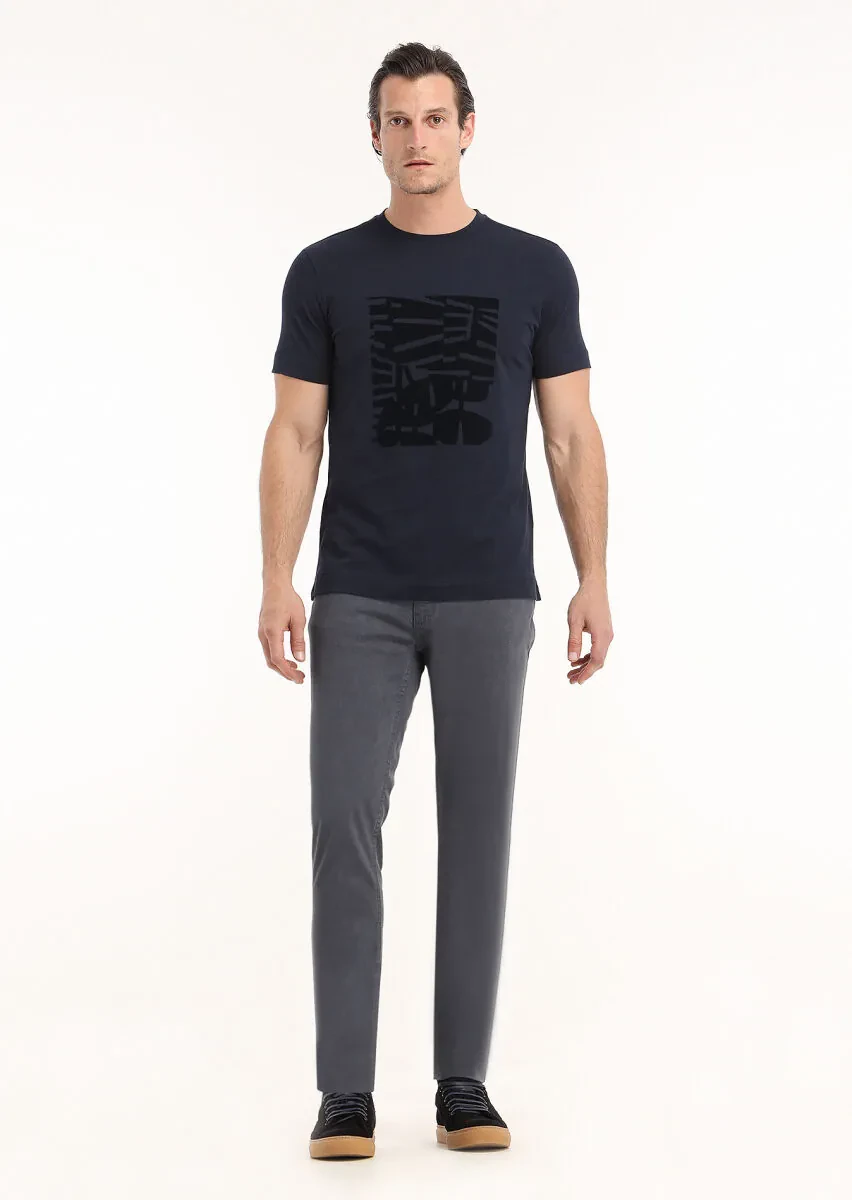 Navy Blue Printed Crew Neck 100% Cotton T-Shirt - 1