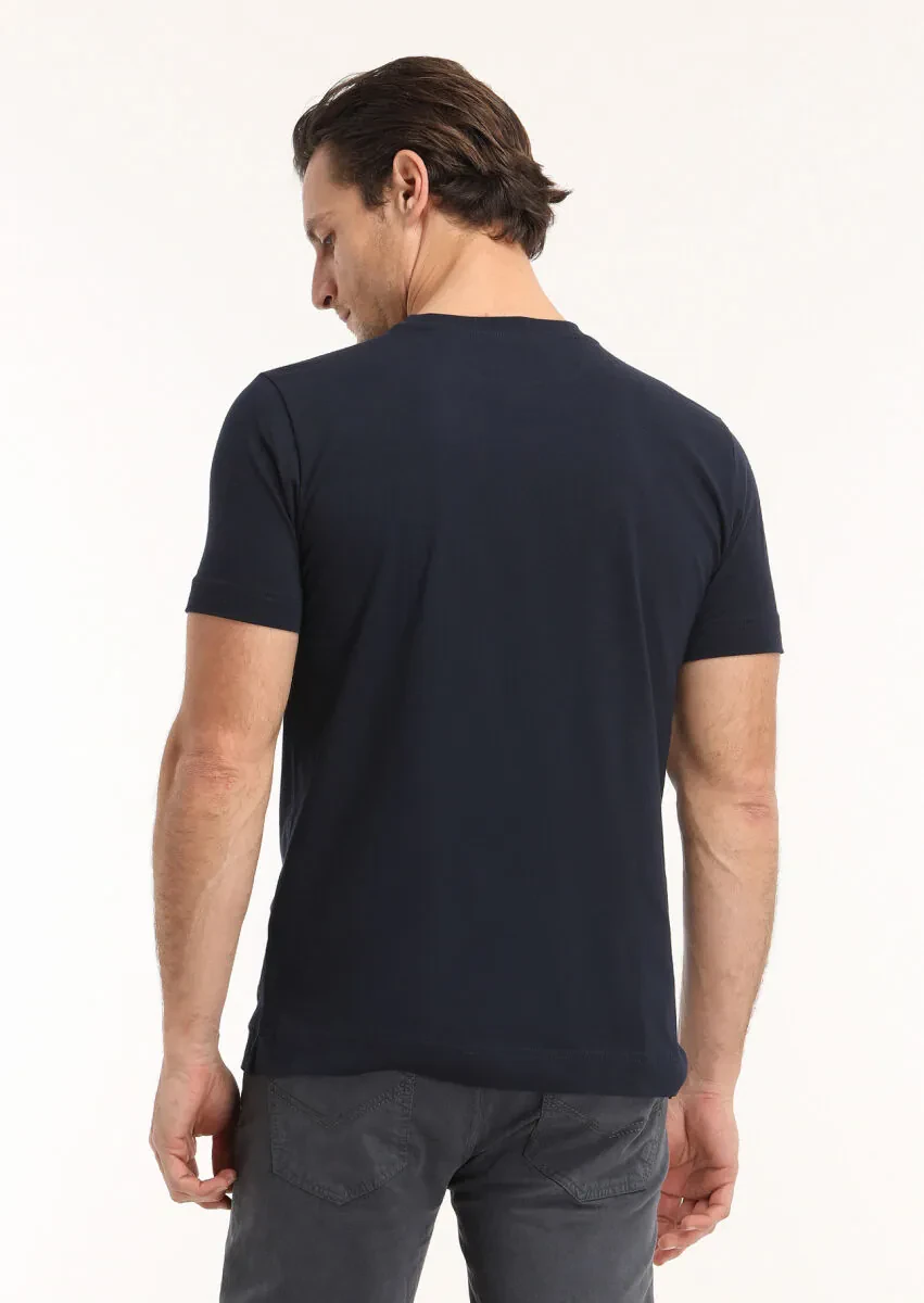 Navy Blue Printed Crew Neck 100% Cotton T-Shirt - 4