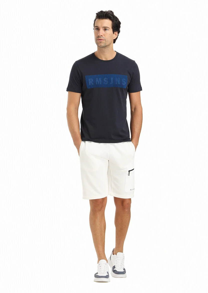 Navy Blue Printed Crew Neck 100% Cotton T-Shirt - 1