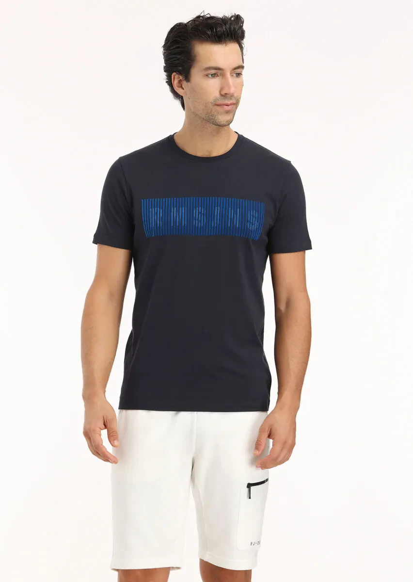 Navy Blue Printed Crew Neck 100% Cotton T-Shirt - 2