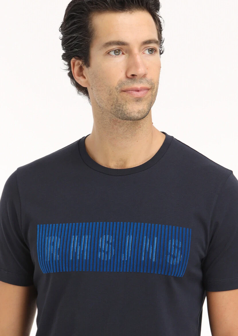 Navy Blue Printed Crew Neck 100% Cotton T-Shirt - 3
