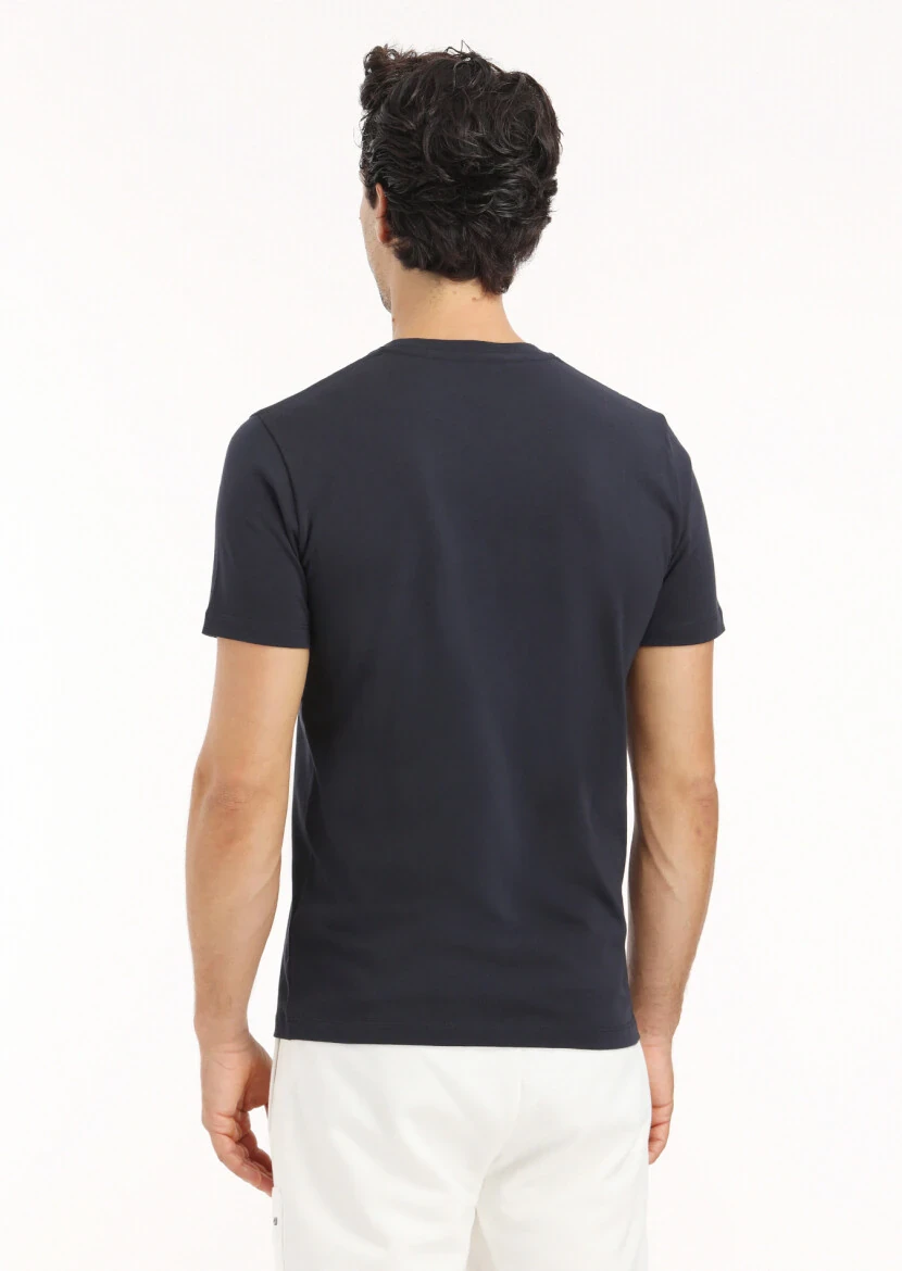 Navy Blue Printed Crew Neck 100% Cotton T-Shirt - 4