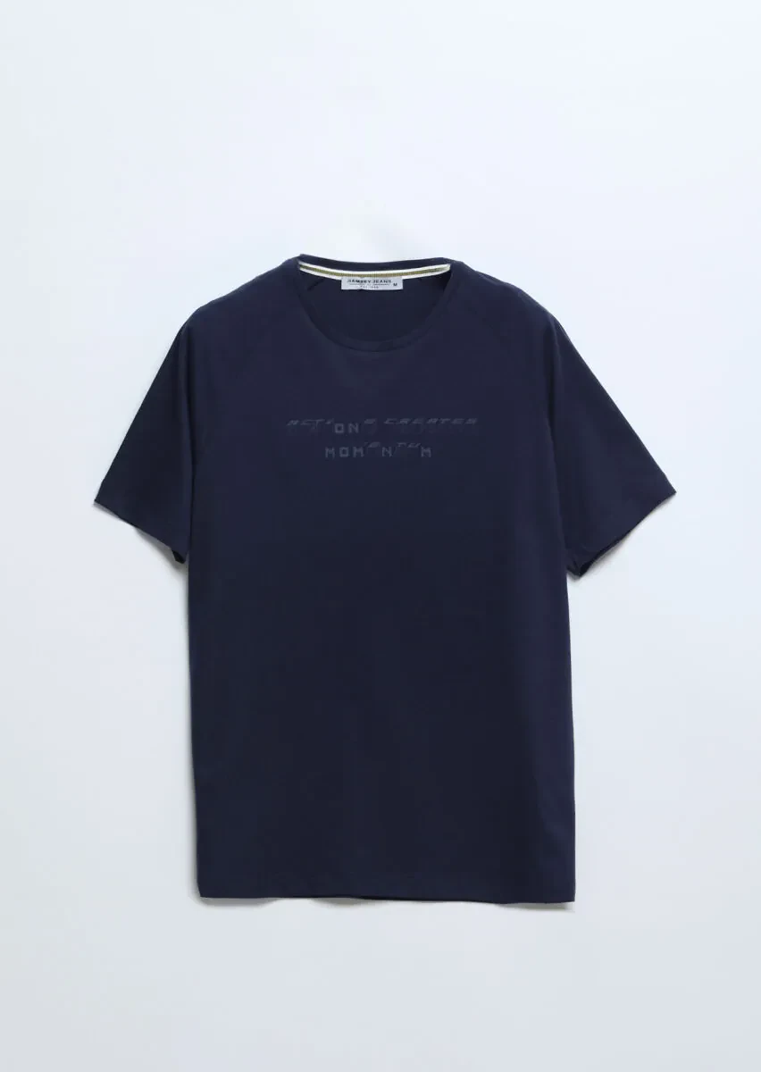 Navy Blue Printed Crew Neck 100% Cotton T-Shirt - 6