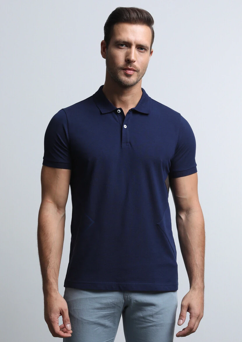 Navy Blue Printed Polo Neck 100% Cotton T-Shirt - 1