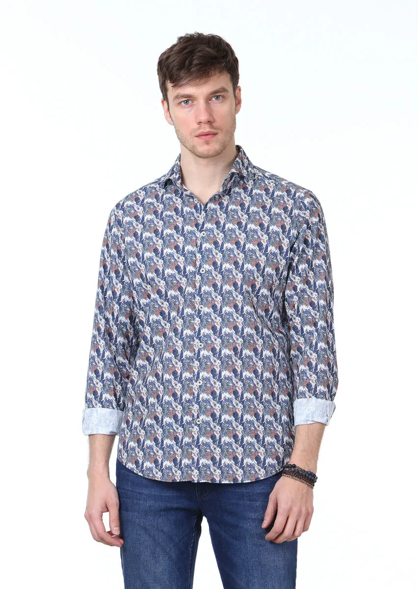 Navy Blue Printed Regular Fit Weaving Casual 100% Cotton Shirt - 1