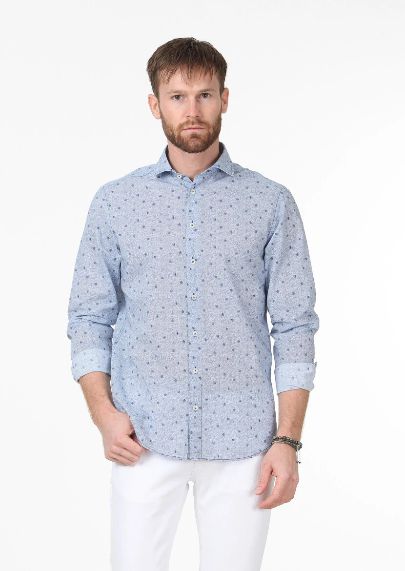 Navy Blue Printed Regular Fit Weaving Casual 100% Cotton Shirt - 1
