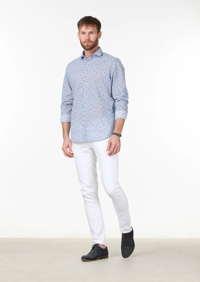 Navy Blue Printed Regular Fit Weaving Casual 100% Cotton Shirt - 2