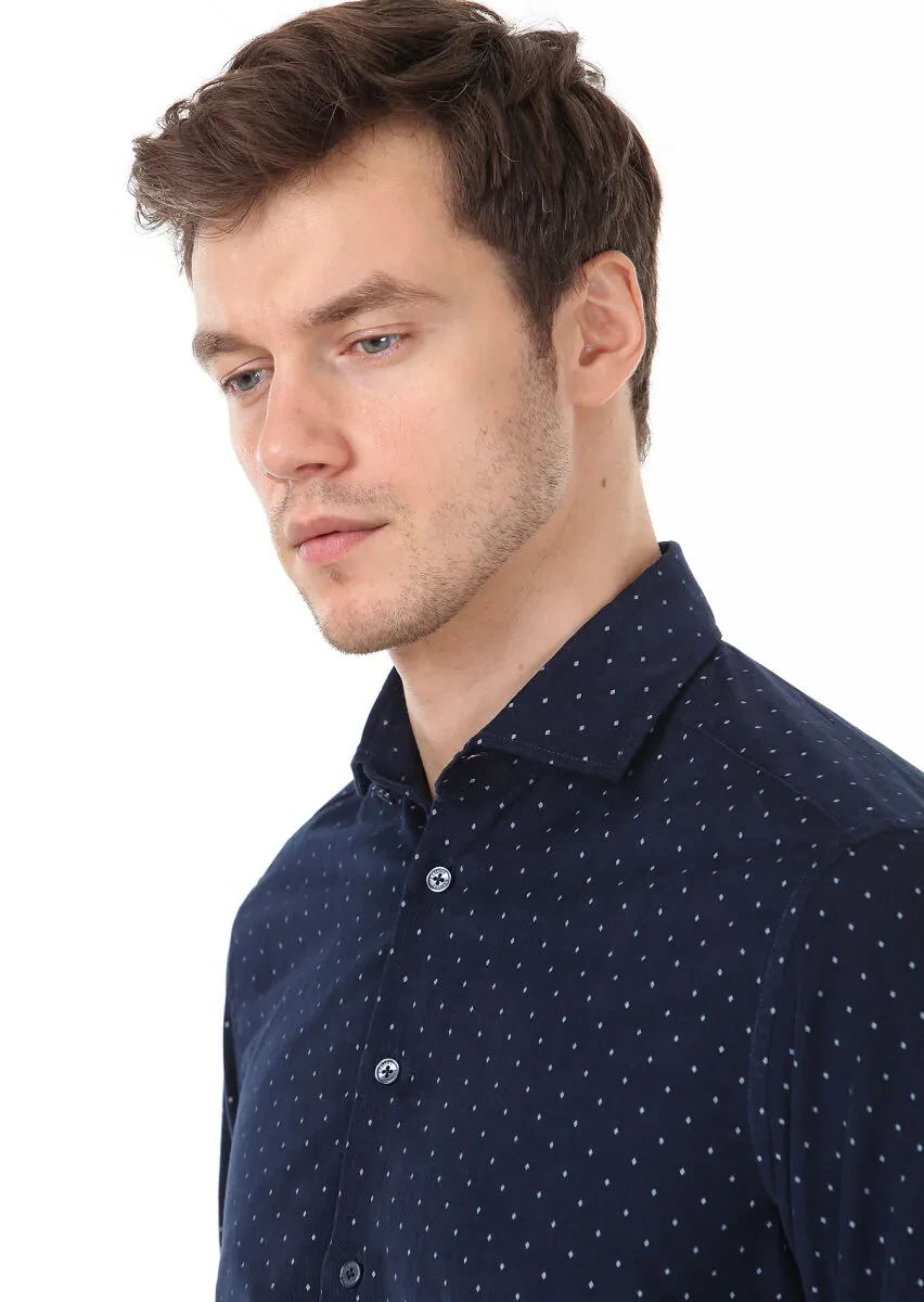 Navy Blue Printed Regular Fit Weaving Casual 100% Cotton Shirt - 2