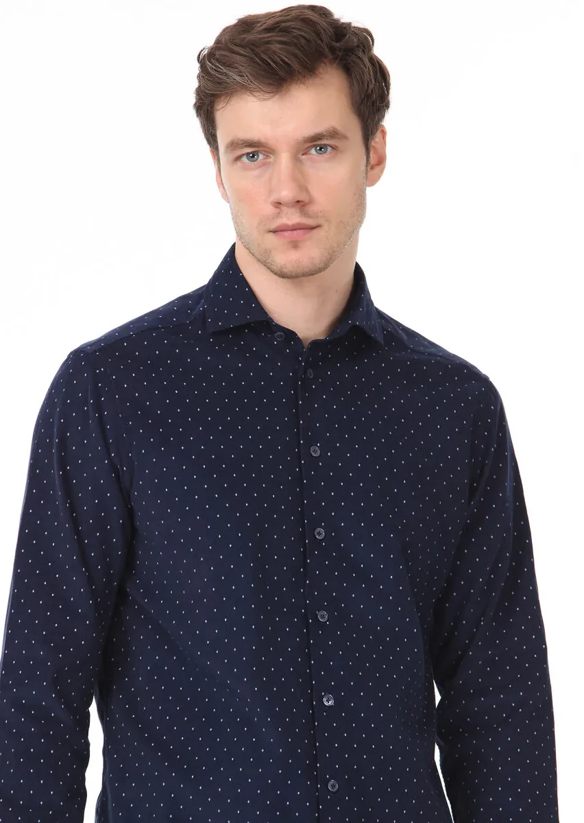 Navy Blue Printed Regular Fit Weaving Casual 100% Cotton Shirt - 3