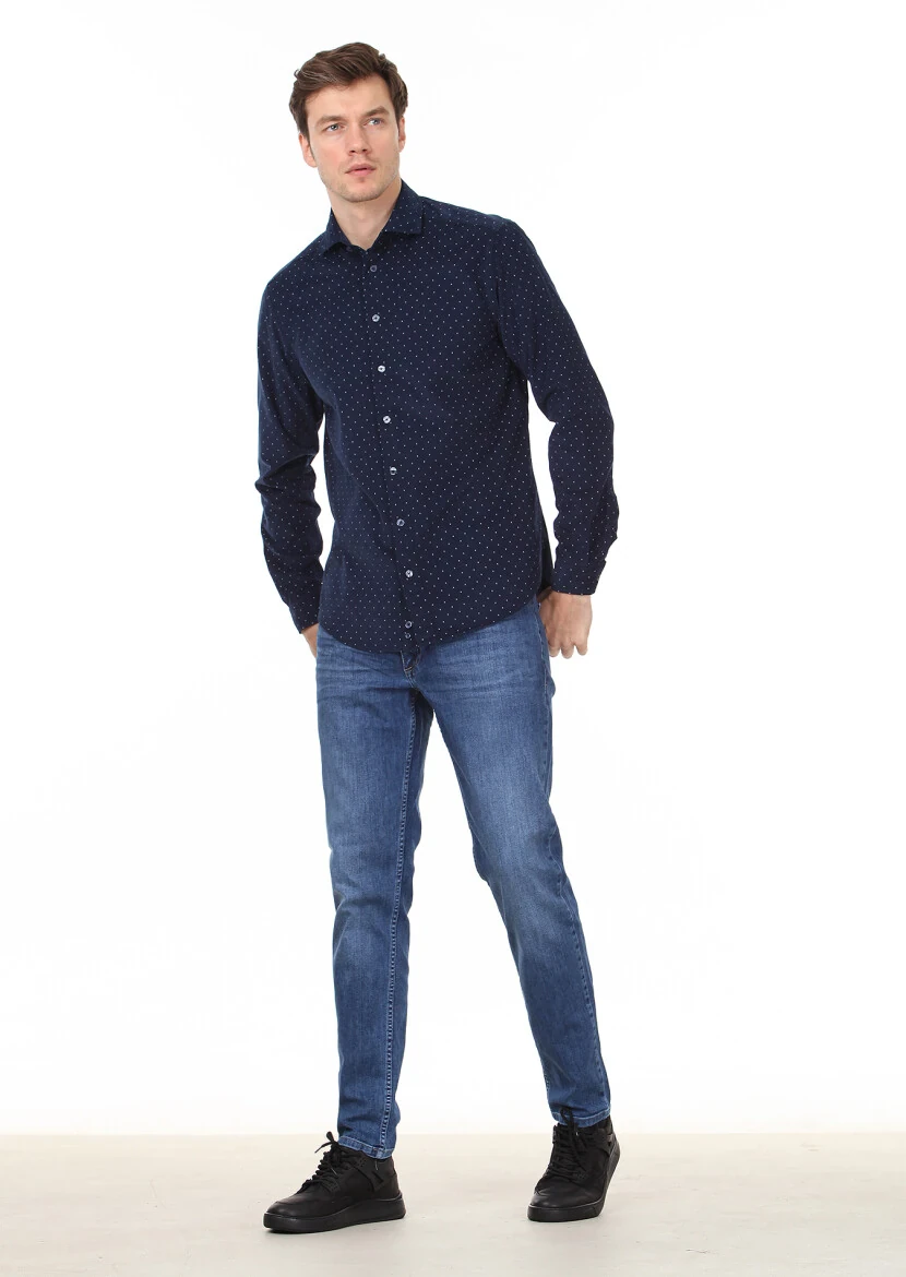 Navy Blue Printed Regular Fit Weaving Casual 100% Cotton Shirt - 4