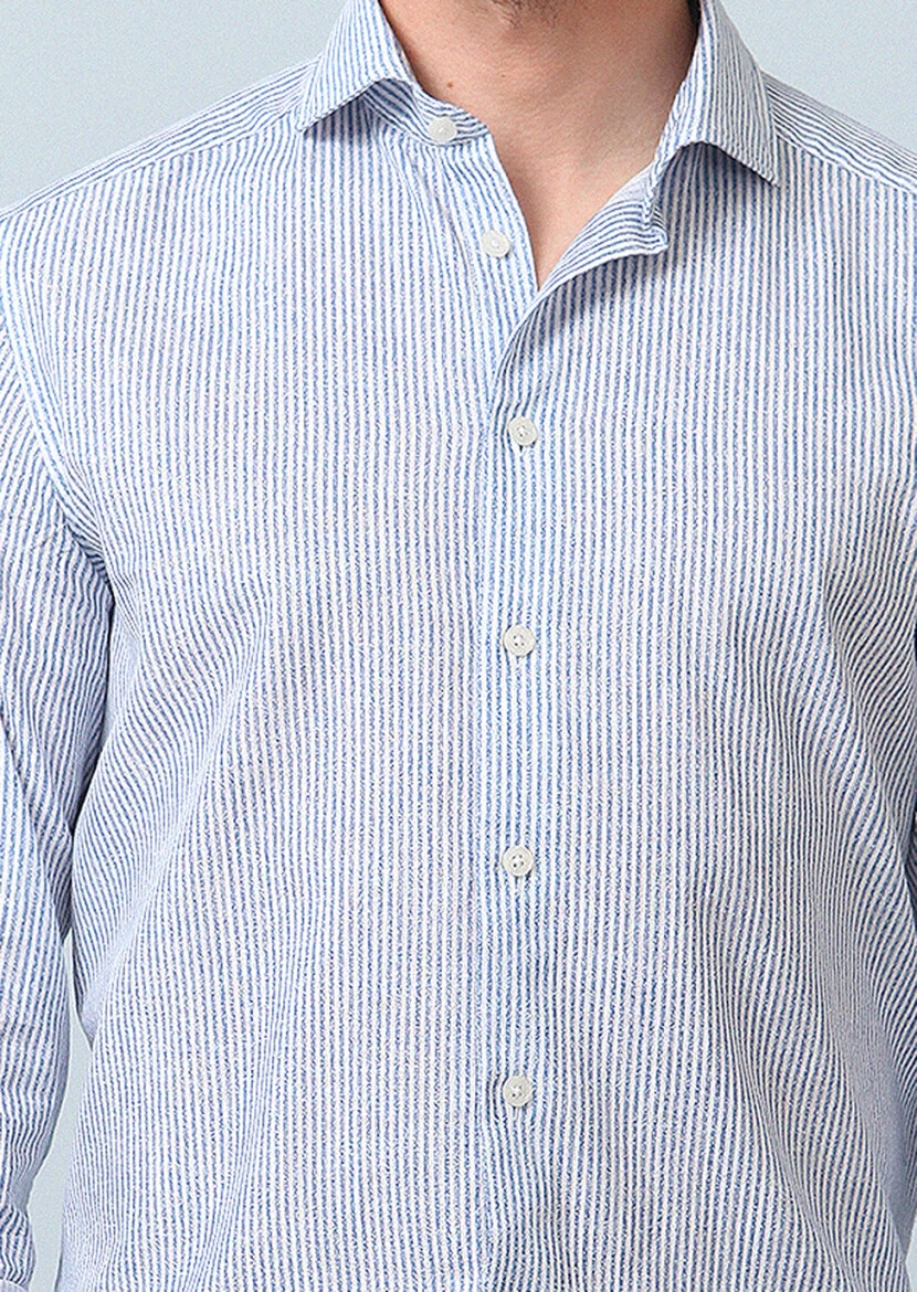 Navy Blue Printed Regular Fit Weaving Casual 100% Cotton Shirt - 4