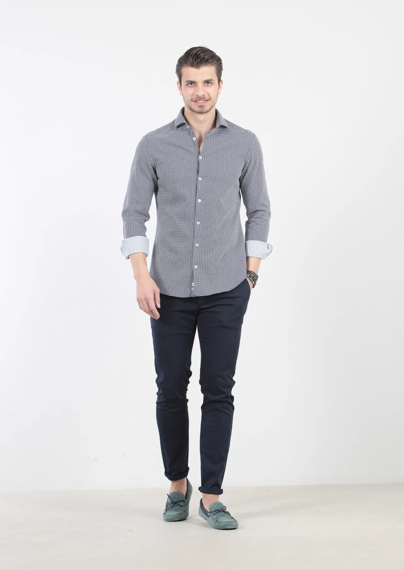 Navy Blue Printed Slim Fit Weaving Casual 100% Cotton Shirt - 1
