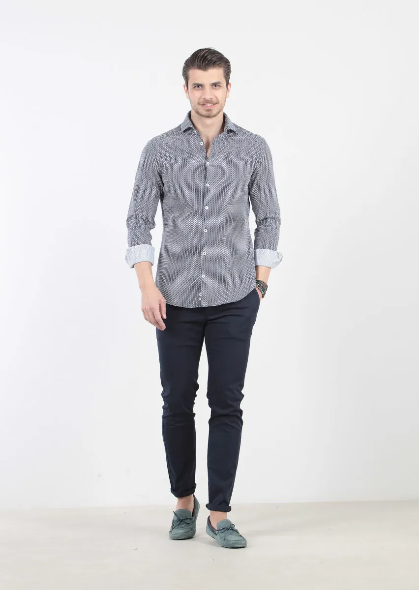 Navy Blue Printed Slim Fit Weaving Casual 100% Cotton Shirt - 1