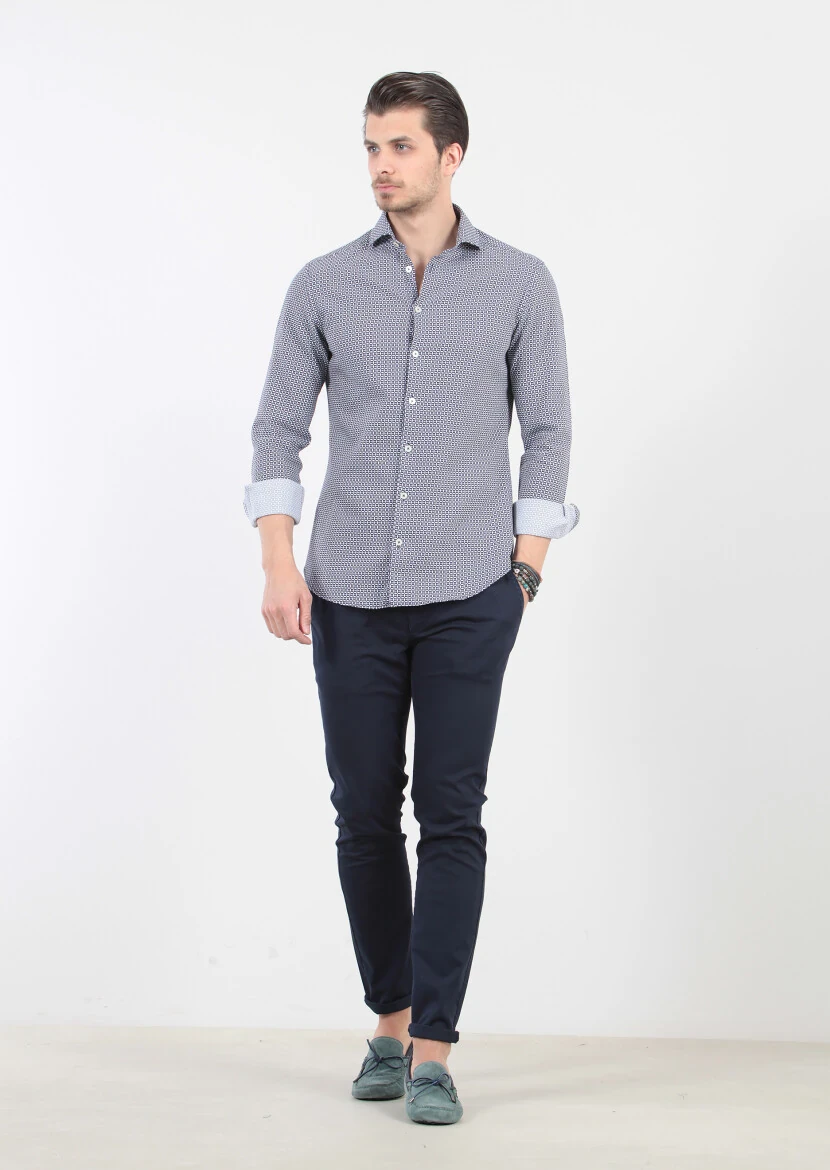 Navy Blue Printed Slim Fit Weaving Casual 100% Cotton Shirt - 4