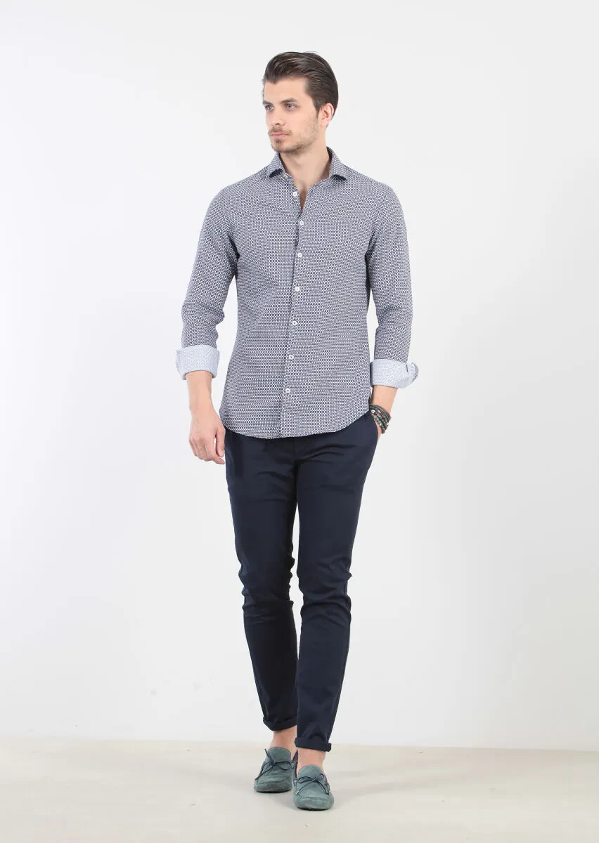 Navy Blue Printed Slim Fit Weaving Casual 100% Cotton Shirt - 4