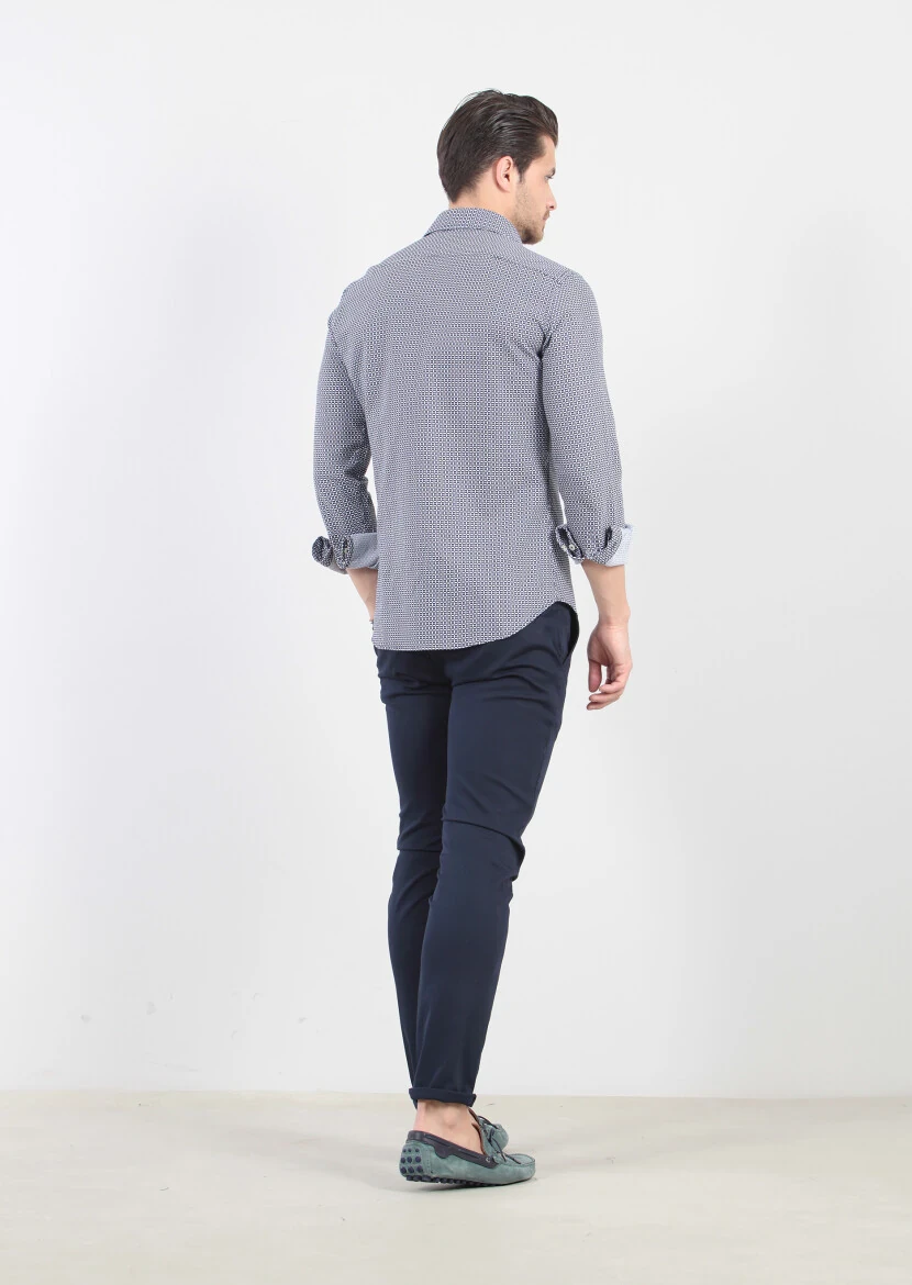 Navy Blue Printed Slim Fit Weaving Casual 100% Cotton Shirt - 6