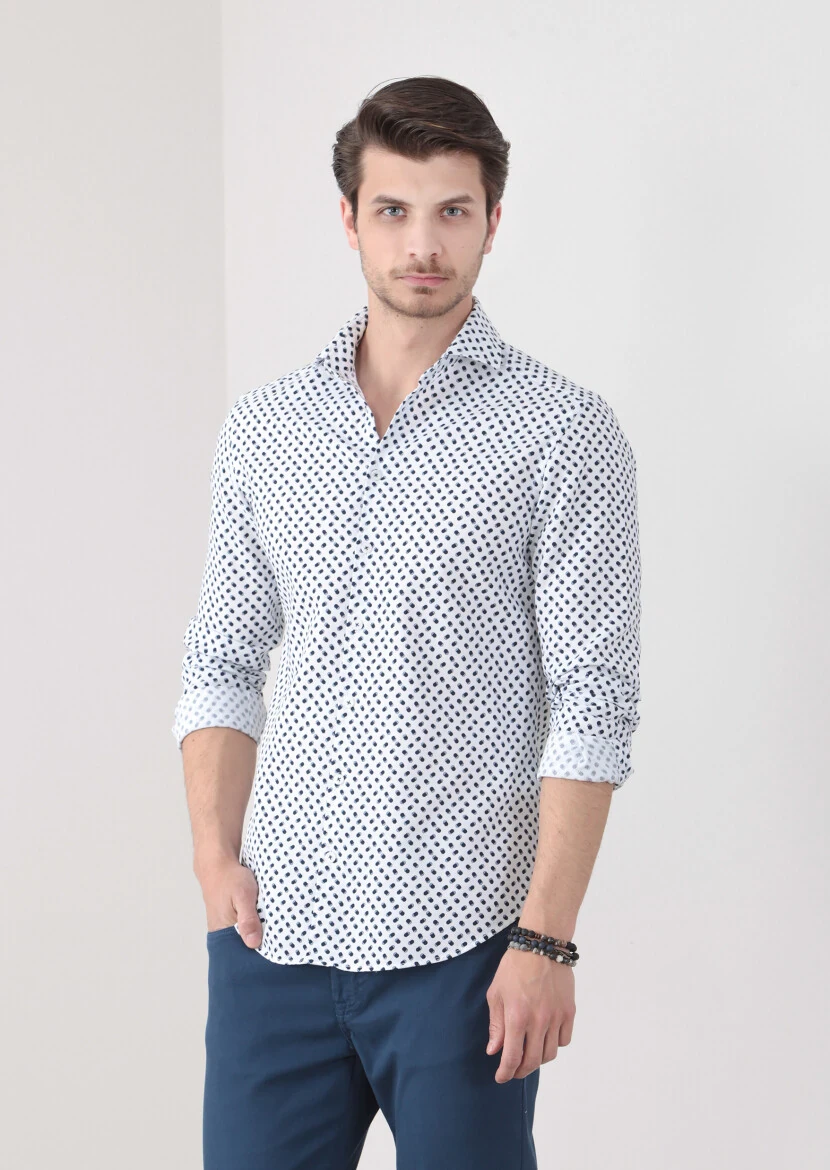 Navy Blue Printed Slim Fit Weaving Casual 100% Cotton Shirt - 1