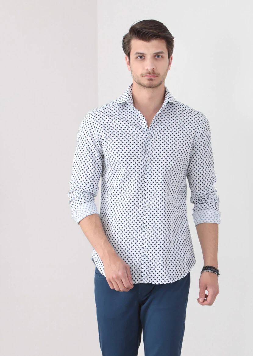 Navy Blue Printed Slim Fit Weaving Casual 100% Cotton Shirt - 3