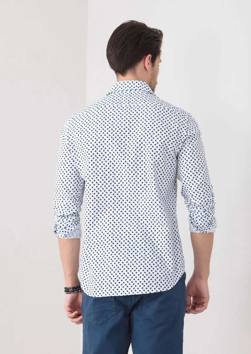 Navy Blue Printed Slim Fit Weaving Casual 100% Cotton Shirt - 5