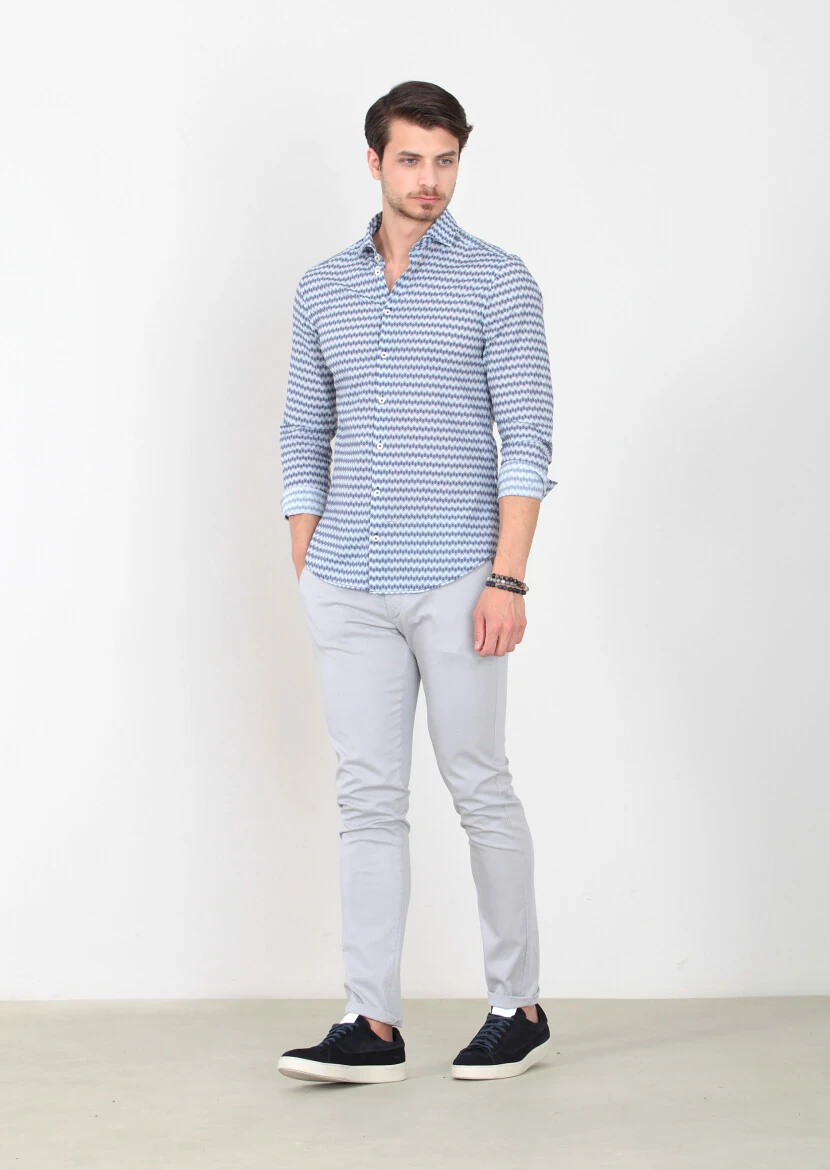 Navy Blue Printed Slim Fit Weaving Casual 100% Cotton Shirt - 2