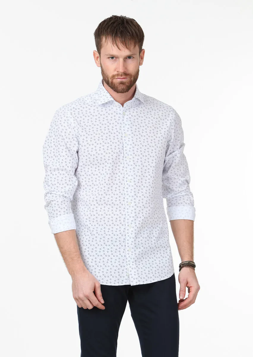 Navy Blue Printed Slim Fit Weaving Casual 100% Cotton Shirt - 1