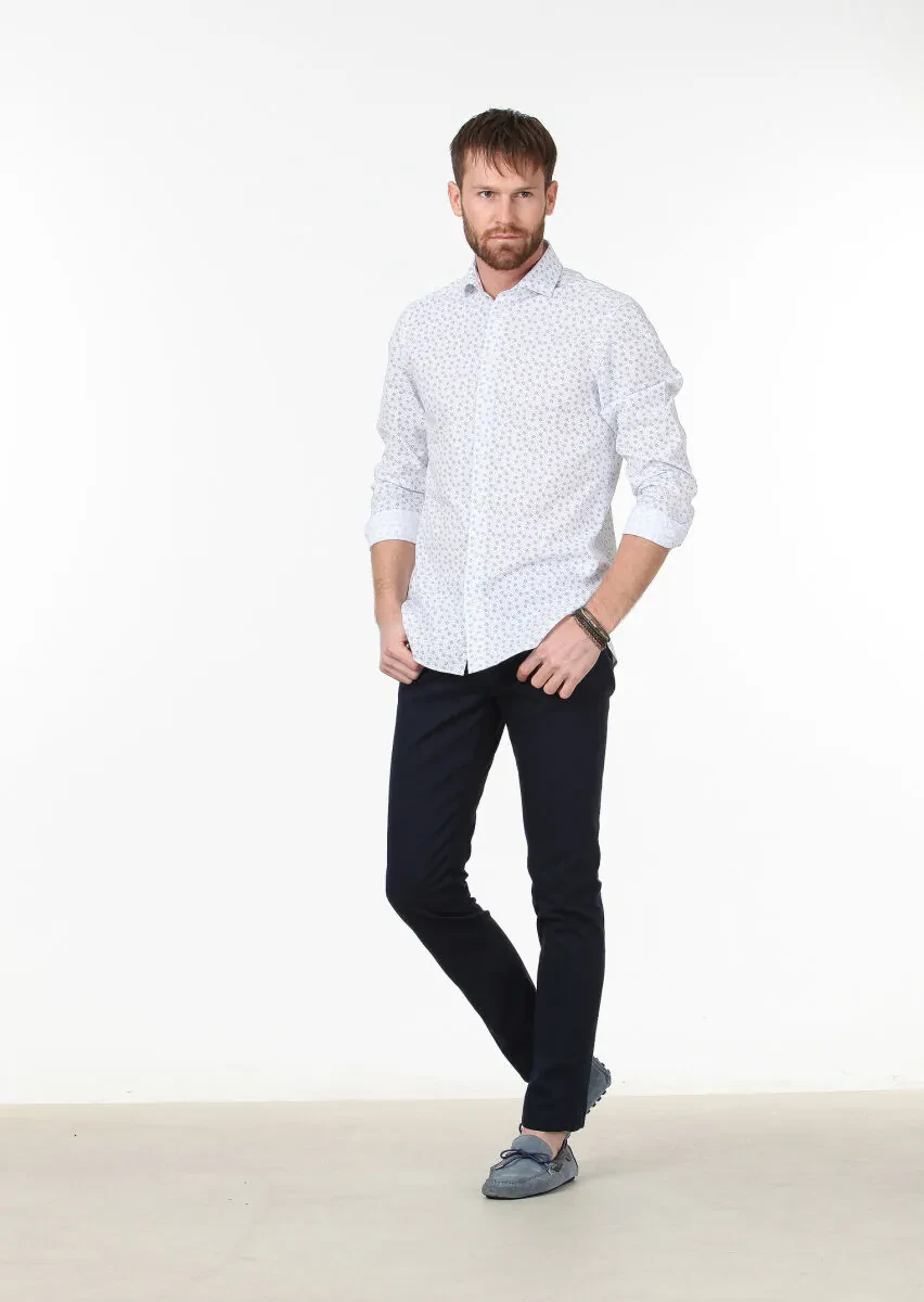 Navy Blue Printed Slim Fit Weaving Casual 100% Cotton Shirt - 2