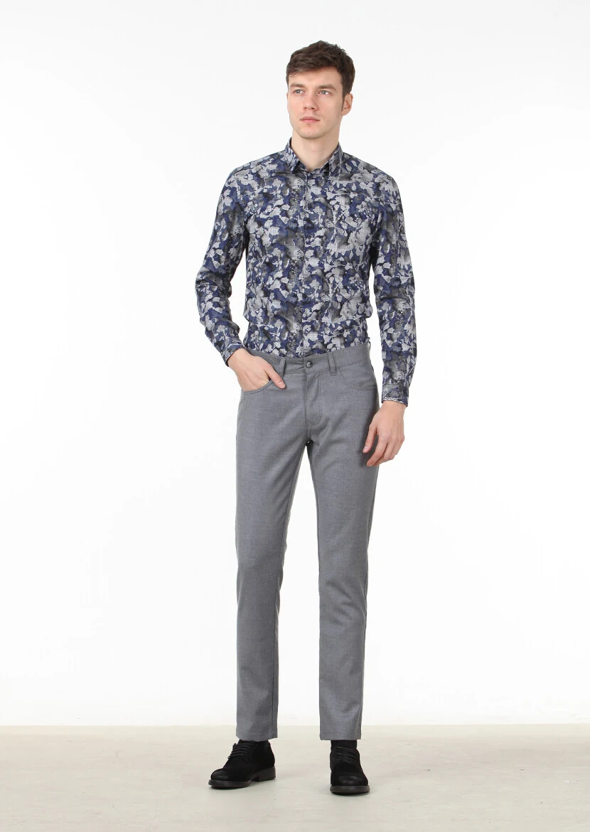 Navy Blue Printed Slim Fit Weaving Casual 100% Cotton Shirt - 3