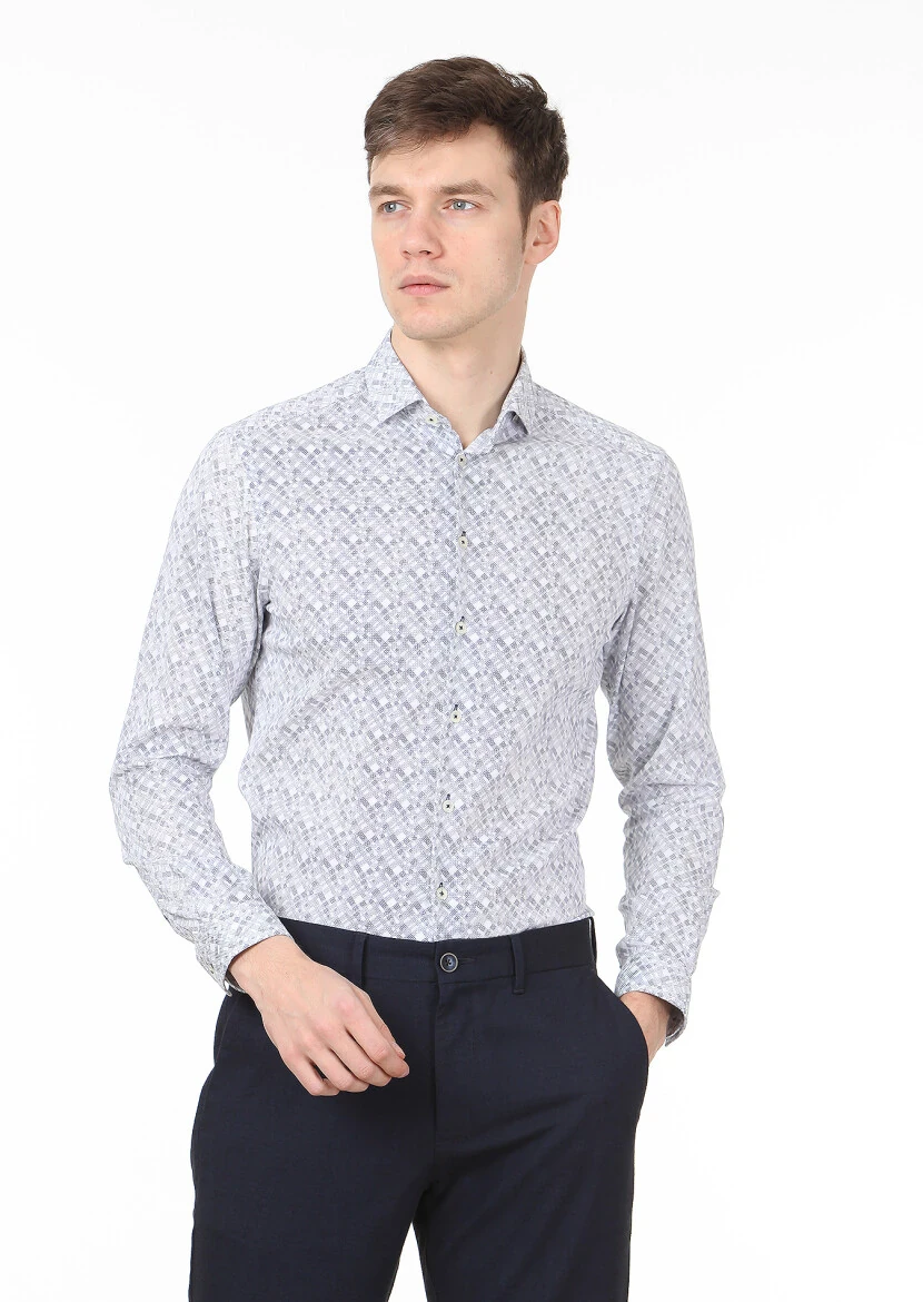 Navy Blue Printed Slim Fit Weaving Casual 100% Cotton Shirt - 1