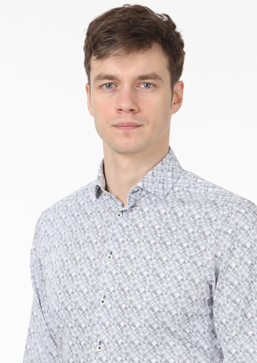 Navy Blue Printed Slim Fit Weaving Casual 100% Cotton Shirt - 2