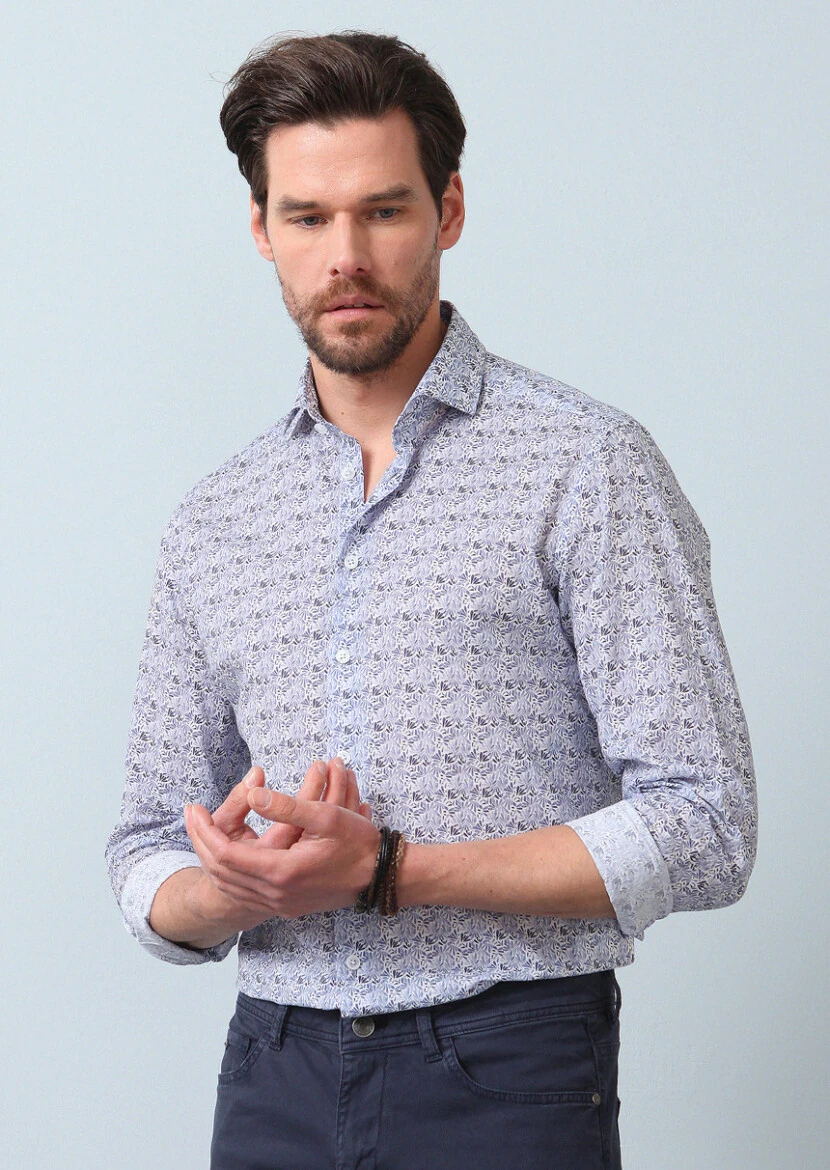 Navy Blue Printed Slim Fit Weaving Casual 100% Cotton Shirt - 1