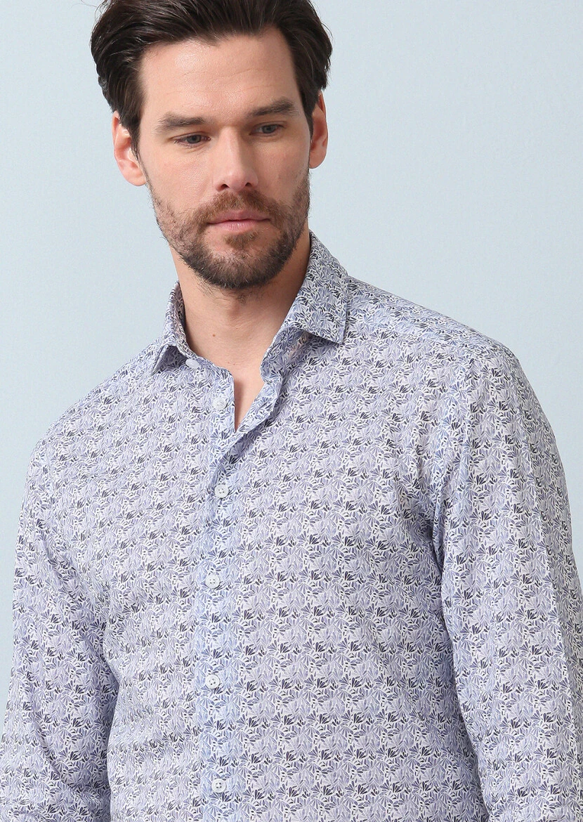 Navy Blue Printed Slim Fit Weaving Casual 100% Cotton Shirt - 3