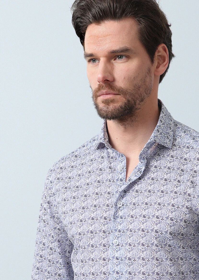 Navy Blue Printed Slim Fit Weaving Casual 100% Cotton Shirt - 4