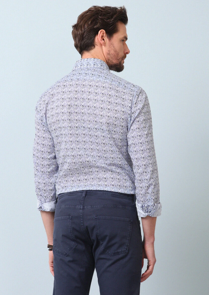 Navy Blue Printed Slim Fit Weaving Casual 100% Cotton Shirt - 6