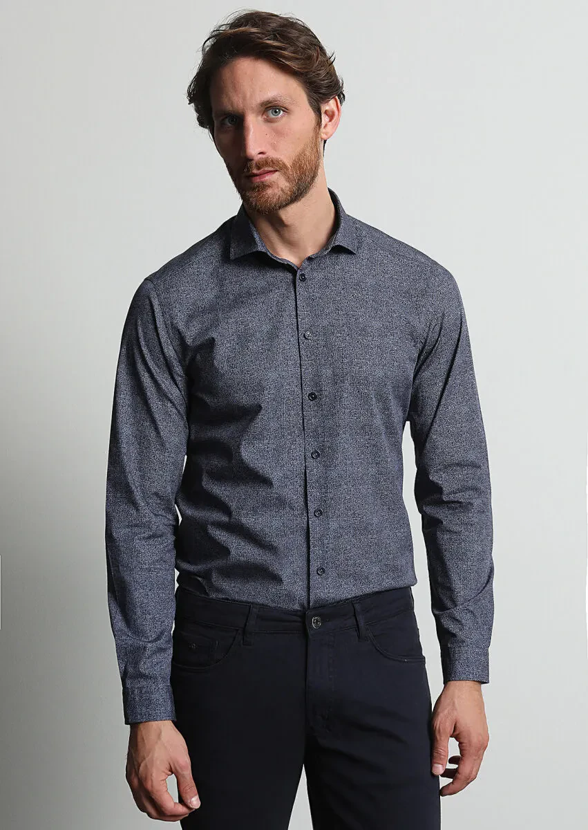Navy Blue Printed Slim Fit Weaving Casual 100% Cotton Shirt - 1