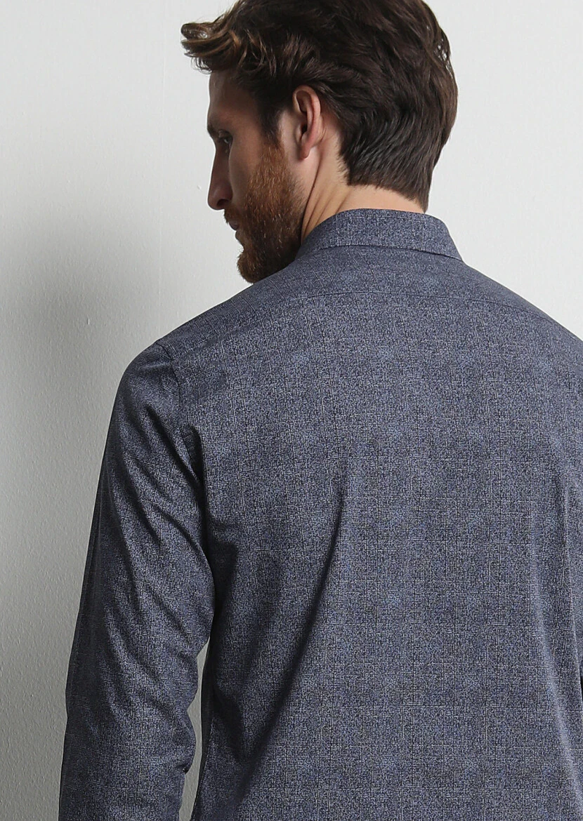 Navy Blue Printed Slim Fit Weaving Casual 100% Cotton Shirt - 5