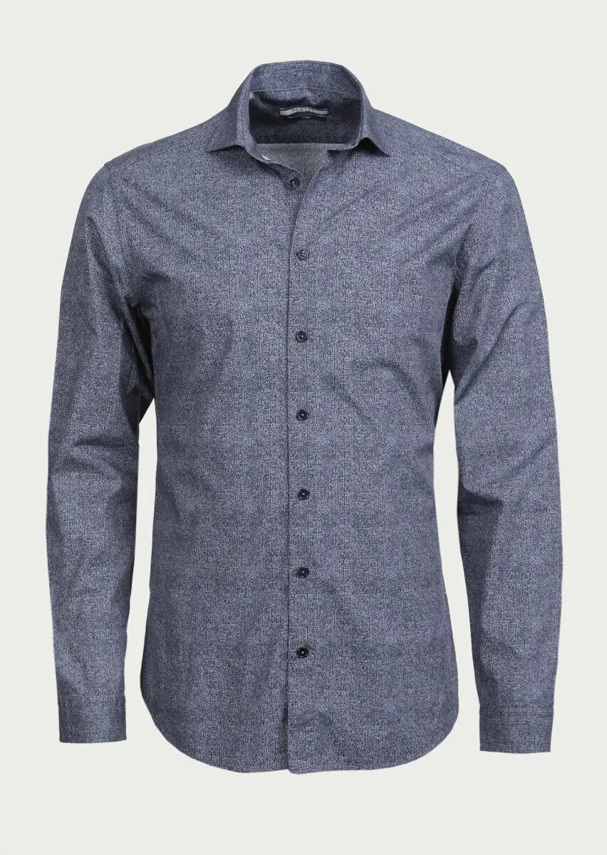 Navy Blue Printed Slim Fit Weaving Casual 100% Cotton Shirt - 6