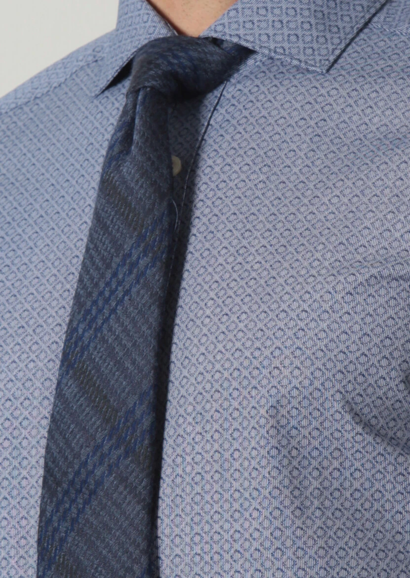 Navy Blue Printed Slim Fit Weaving Classical 100% Cotton Shirt - 4